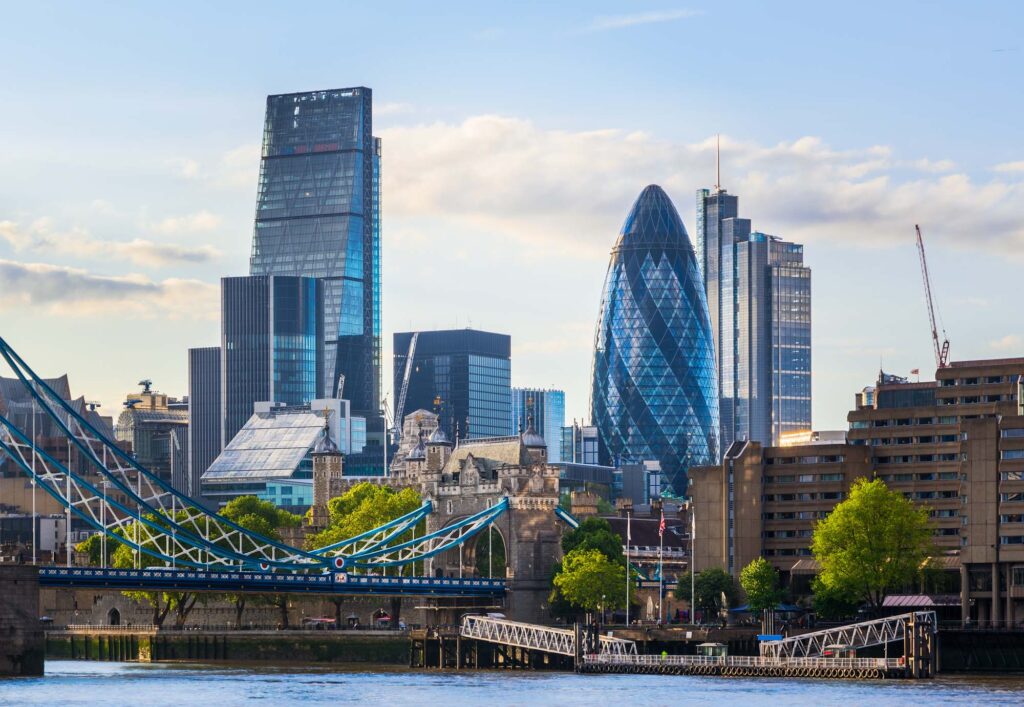 London cityscape with Tower Bridge during the daytime. Relating to prime commercial locations usually in the heart of cities.