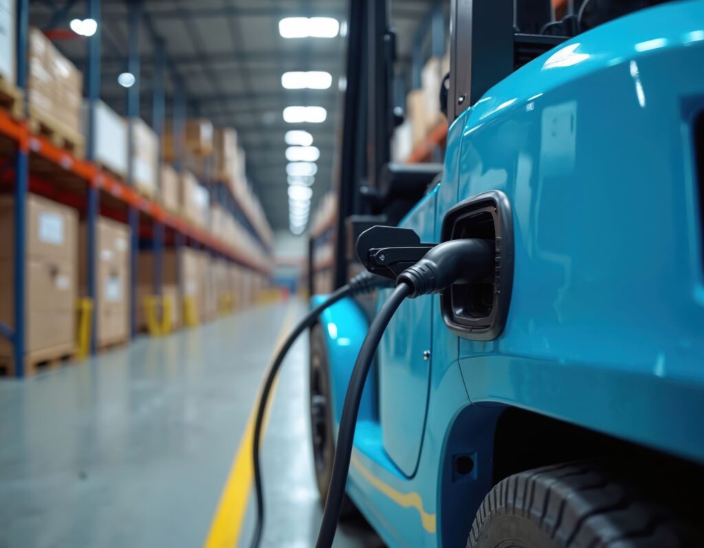 Electric forklift charging in logistics warehouse.