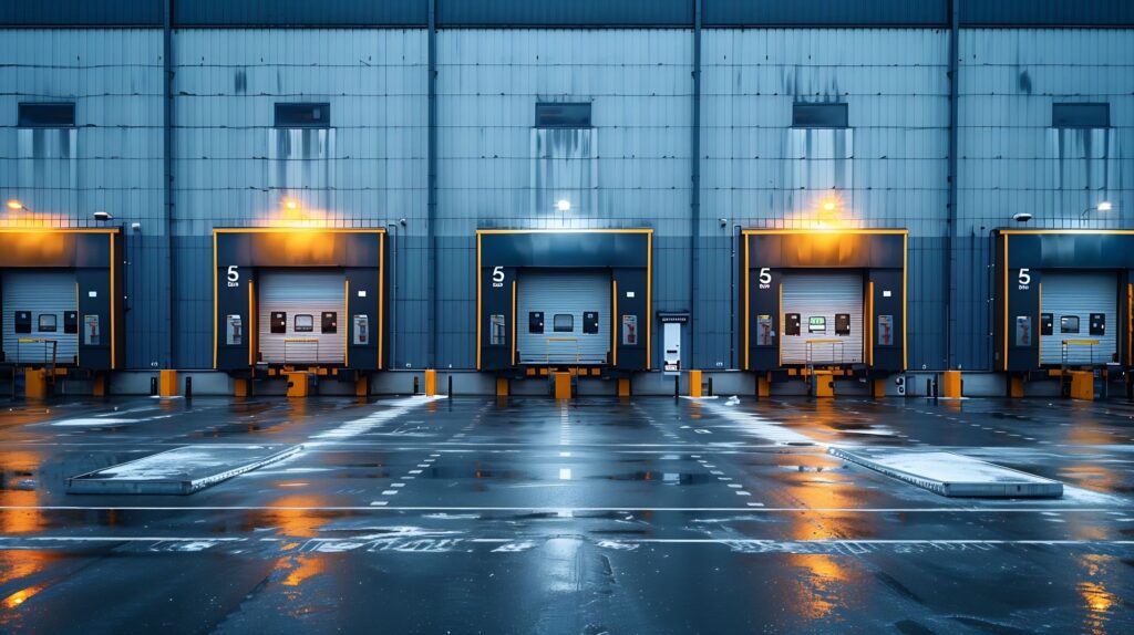 Loading bay docks of a large distribution warehouse.