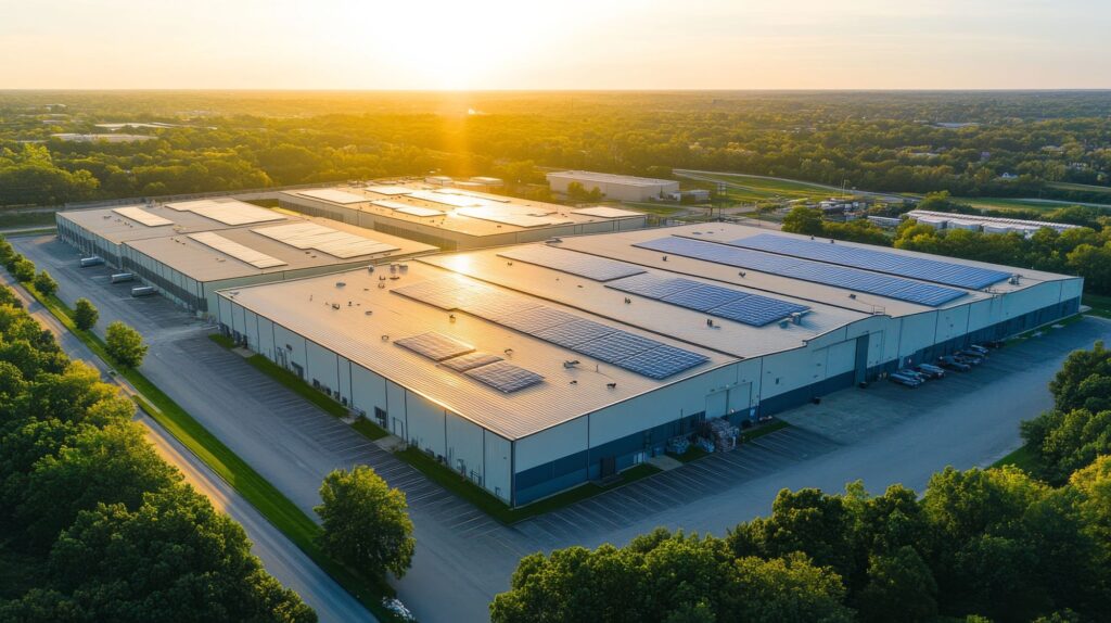 A large warehouse complex, showcasing solar panels reflecting sunlight, in an industrial zone.