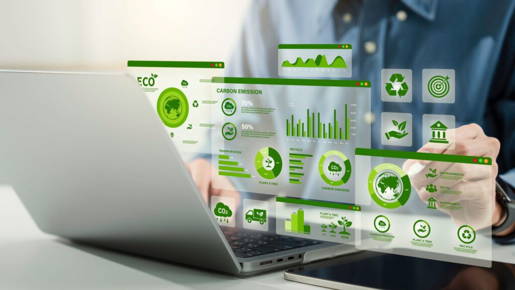  Businessman using a computer to analyse ESG Co2 Carbon footprint.