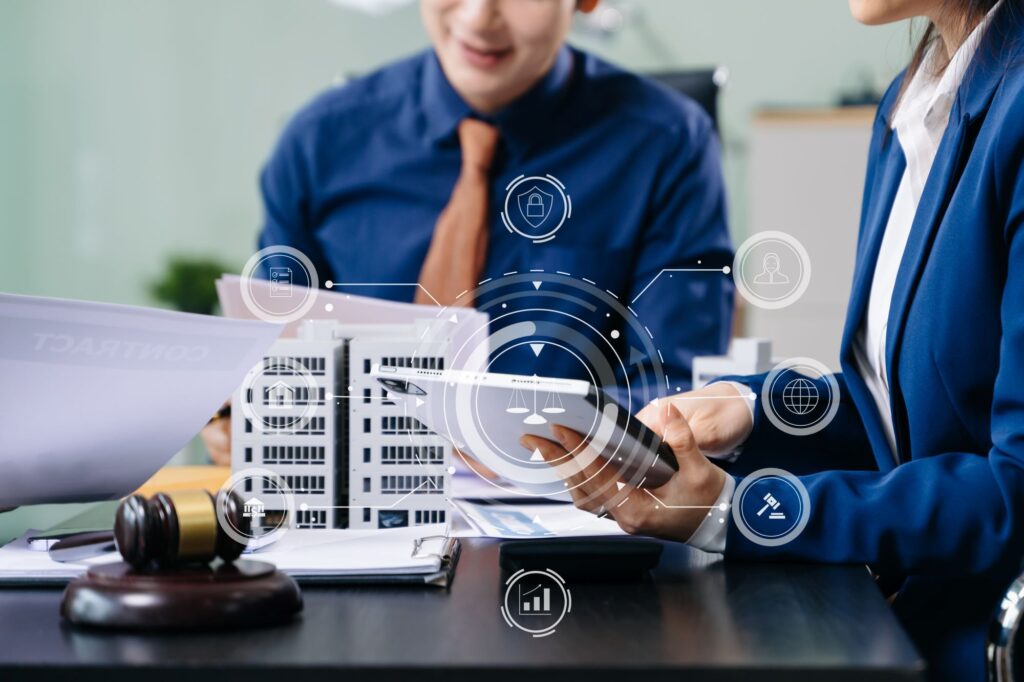 Business meeting with advisors using AI technology and data-driven planning in a smart office environment.