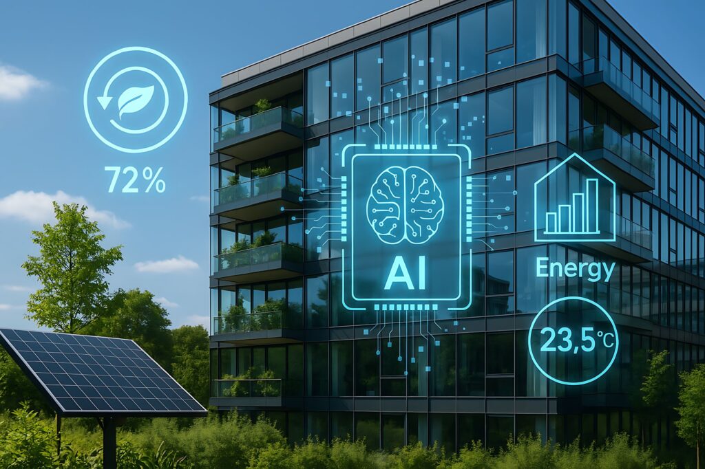 A smart, sustainable building with AI and solar panel representing green energy and advanced urban technology.