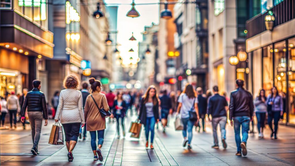 Group of people walking in a high street.
