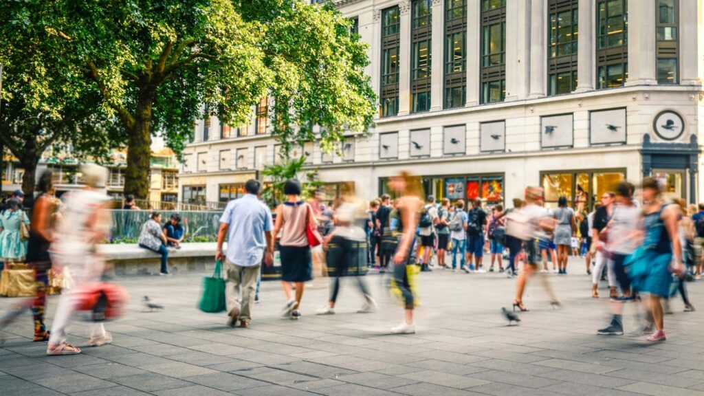 Busy high street with shops