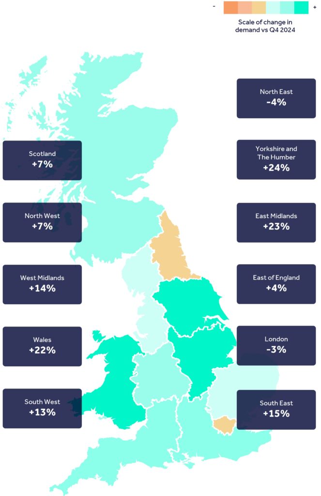 Map showing scale of change, year on year, in industrial demand for leasing