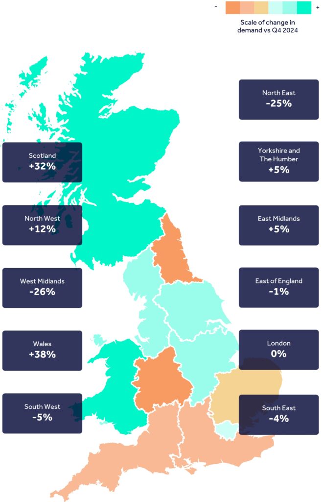 Map showing scale of change, year on year, in leisure demand for leasing