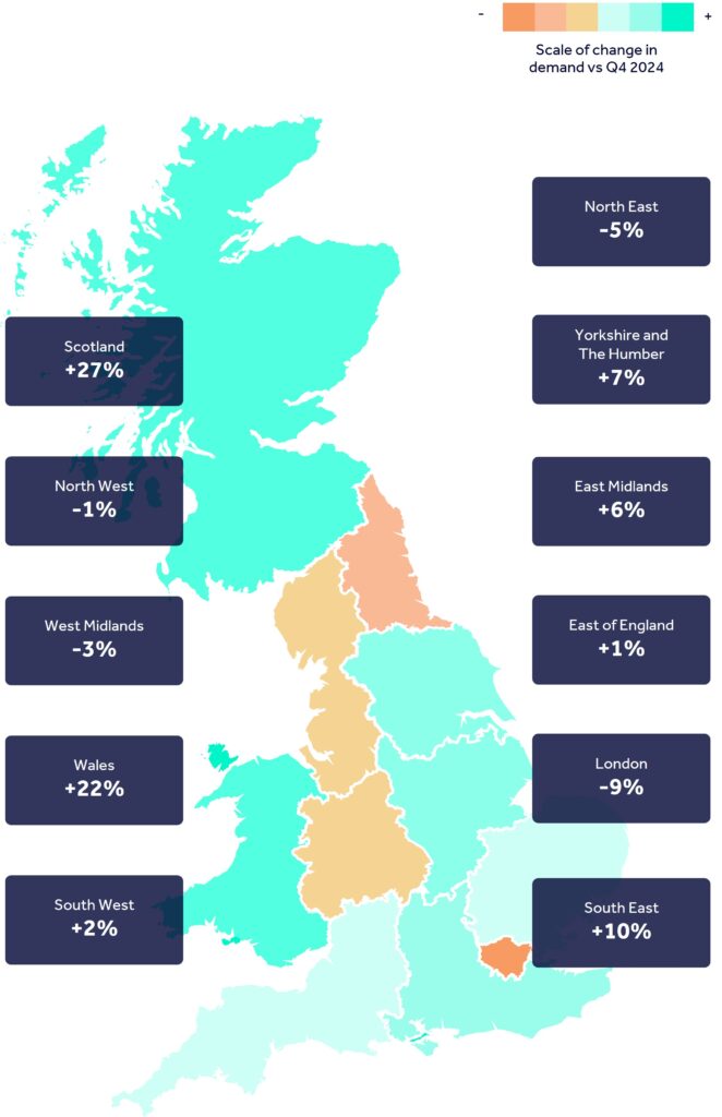 Map showing scale of change, year on year, in office demand for leasing