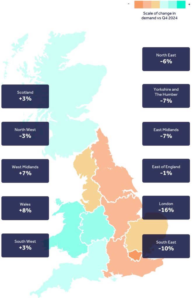 Map showing scale of change, year on year, in retail demand for leasing