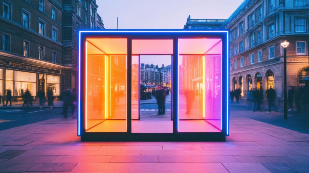 Neon-Infused Urban Pop-Up Vibrant Glass Kiosk in a city demonstrating Experiential Retail and Brand Engagement in Modern Urban Settings