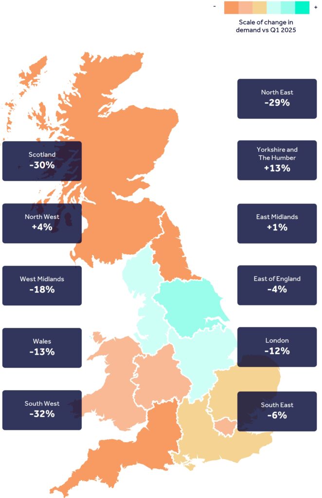Map showing leisure leasing demand and percentage change year on year by region
