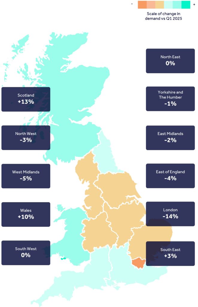 Map showing office leasing demand and percentage change year on year by region