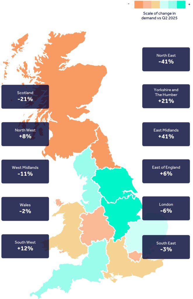 A map showing key regions across England, Wales and Scotland, highlighting year-on-year percentage change in Leisure demand