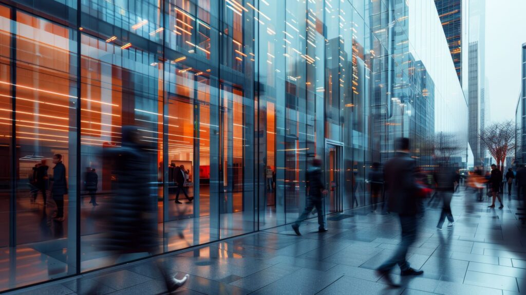 Modern office building with people commuting nearby