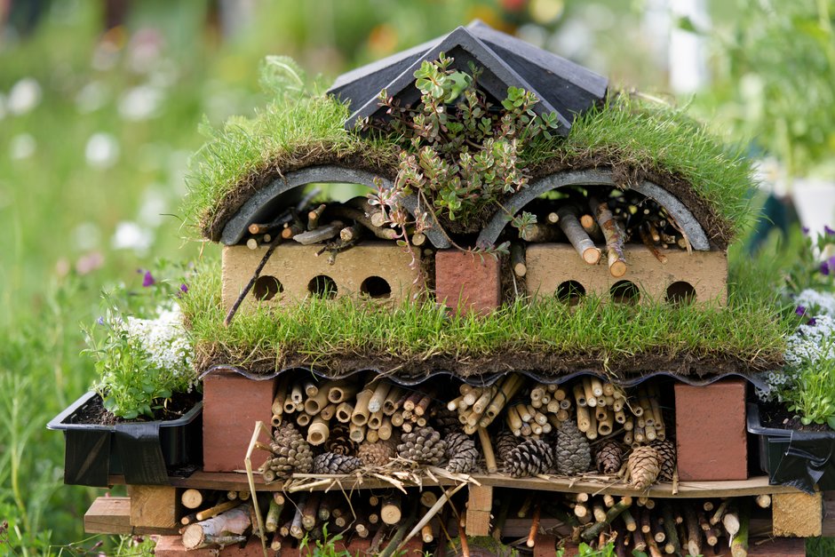 A bug hotel made from bricks and sticks