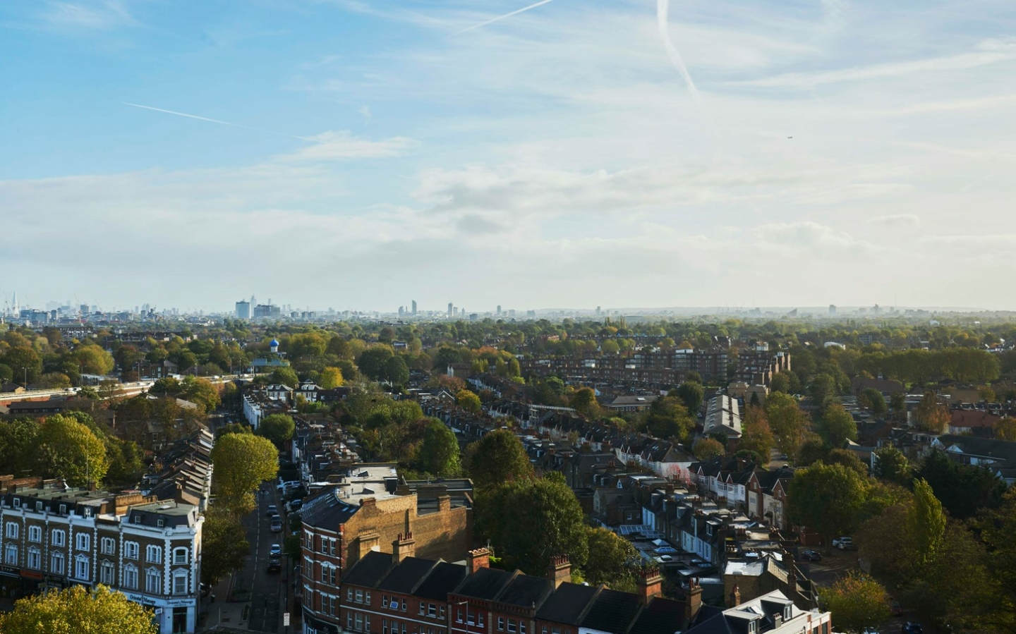 A view of the city from up high, trees, blue sky