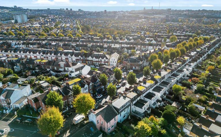 An aerial view of houses in Brighton
