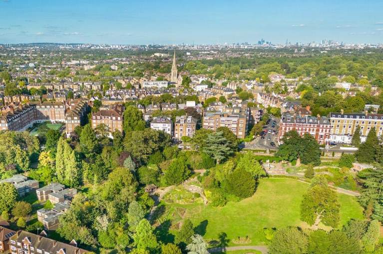 An aerial view of houses and trees