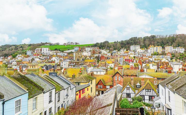 An aerial view of houses in Hastings