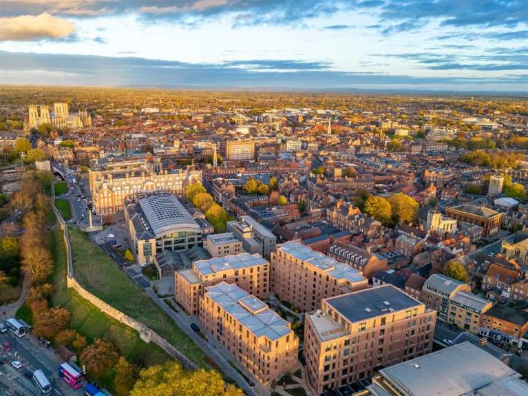 An aerial view of homes in York