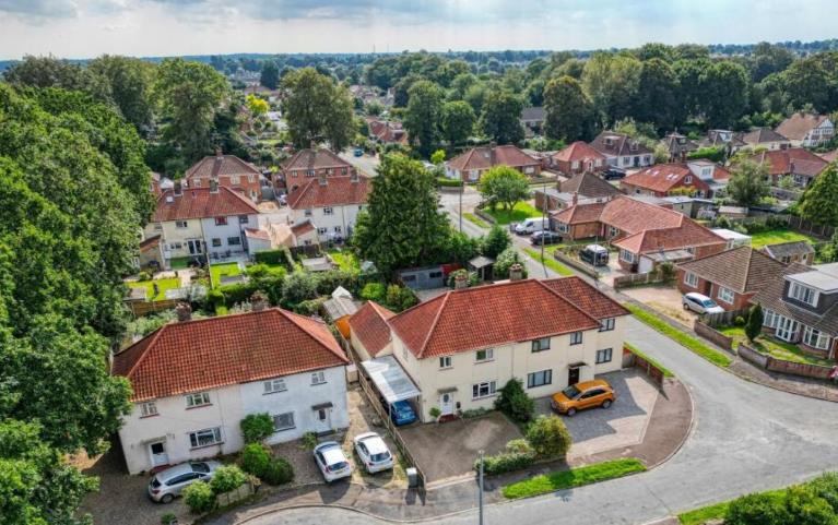 An aerial view of homes in Norfolk