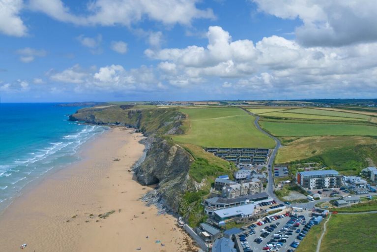 An aerial view of Watergate Bay in Cornwall
