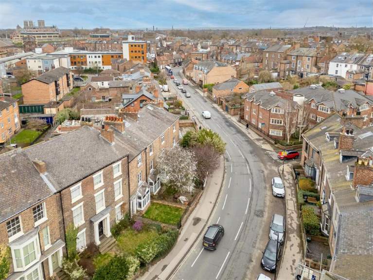 An aerial view of homes in York