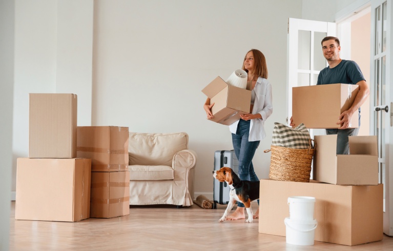 Two people carrying moving boxes, a dog