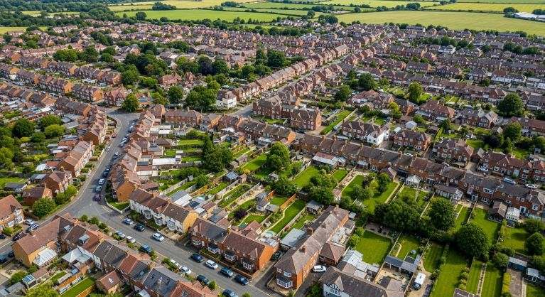 An aerial view of houses