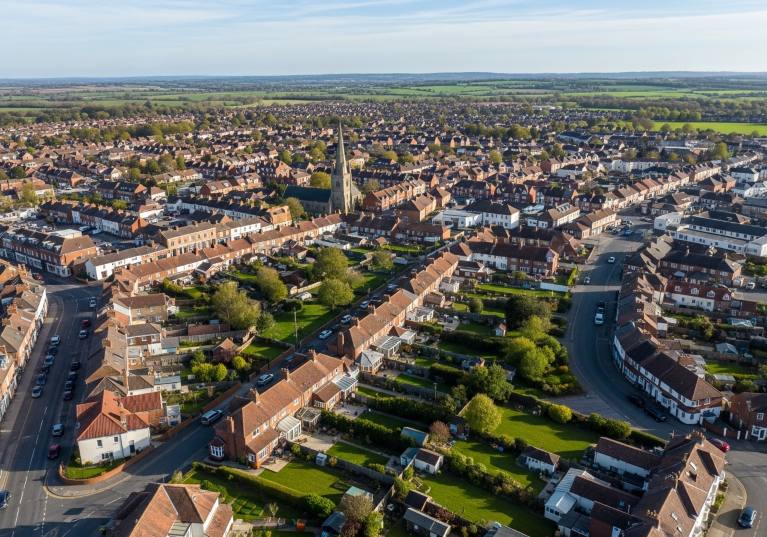 An aerial view of houses