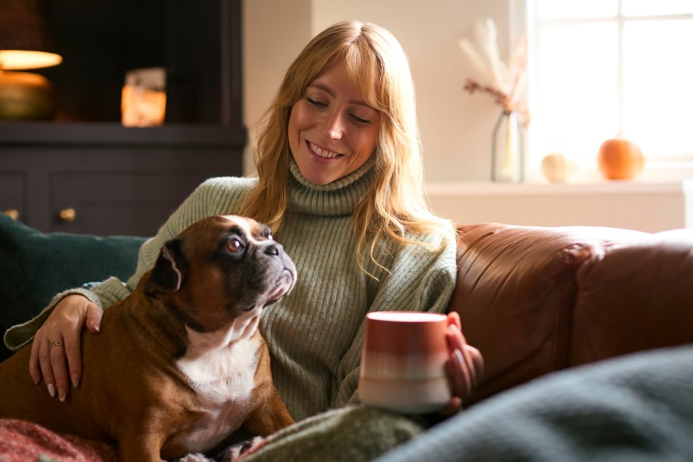 A person sitting on a sofa with a dog