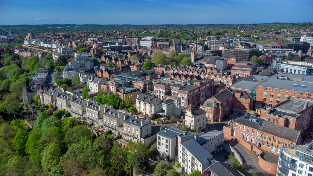 Aerial view over Nottingham, UK