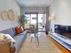 Modern living room with sliding glass doors and contemporary decor