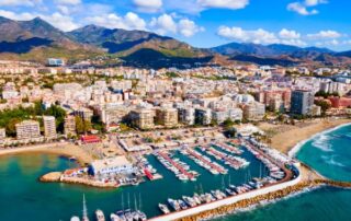 Marbella aerial view beach, marina, mountains