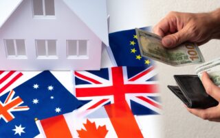 Toy house on flags with US dollar notes